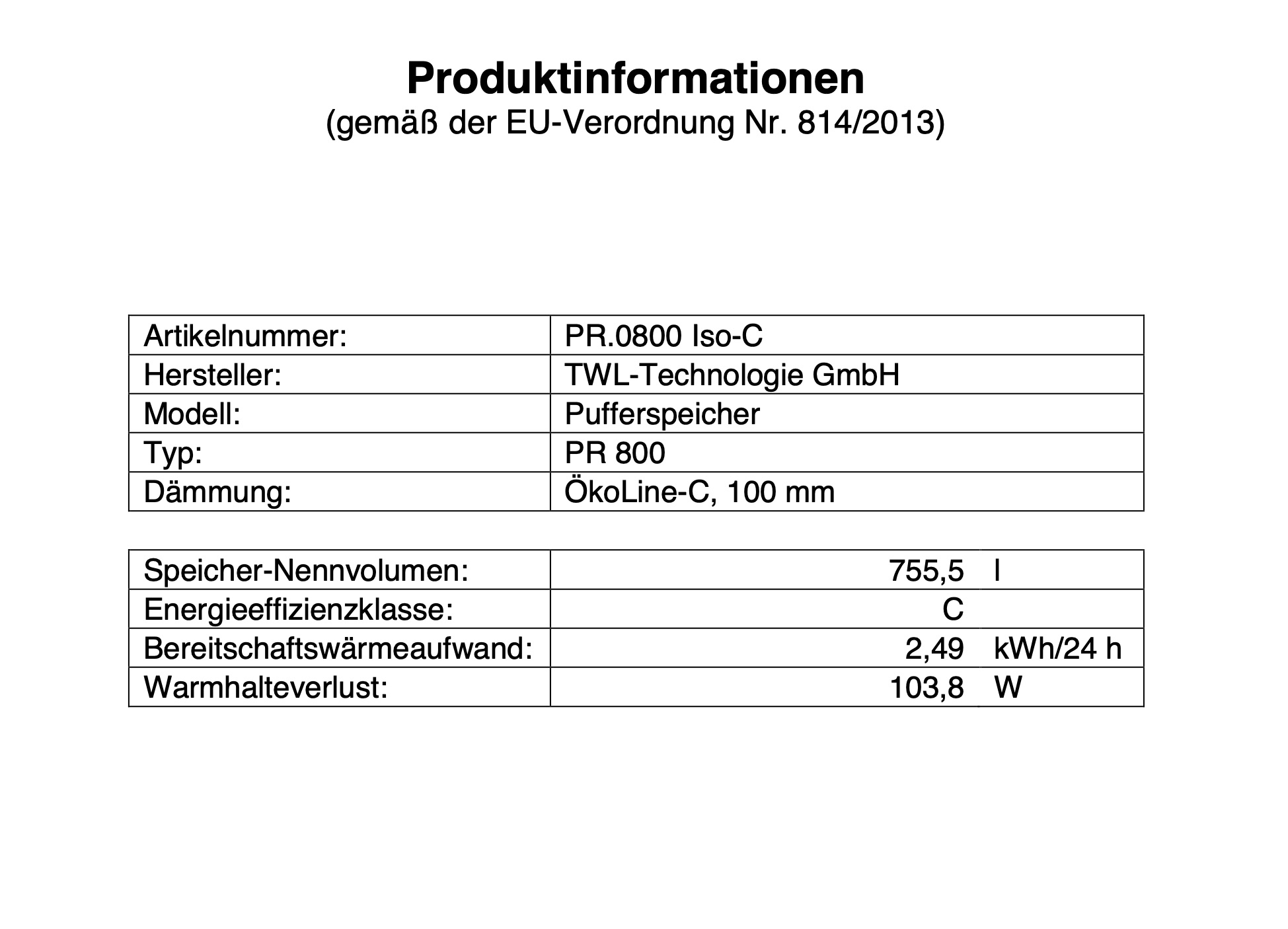 TWL Pufferspeicher PR 800 Liter - ÖkoLine-C Isolierung