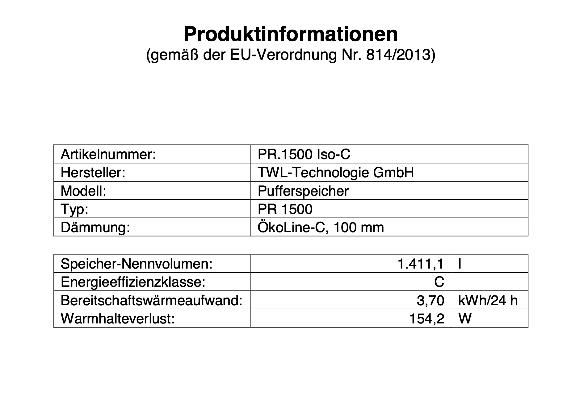 TWL Pufferspeicher PR 1500 Liter - ÖkoLine-C Isolierung
