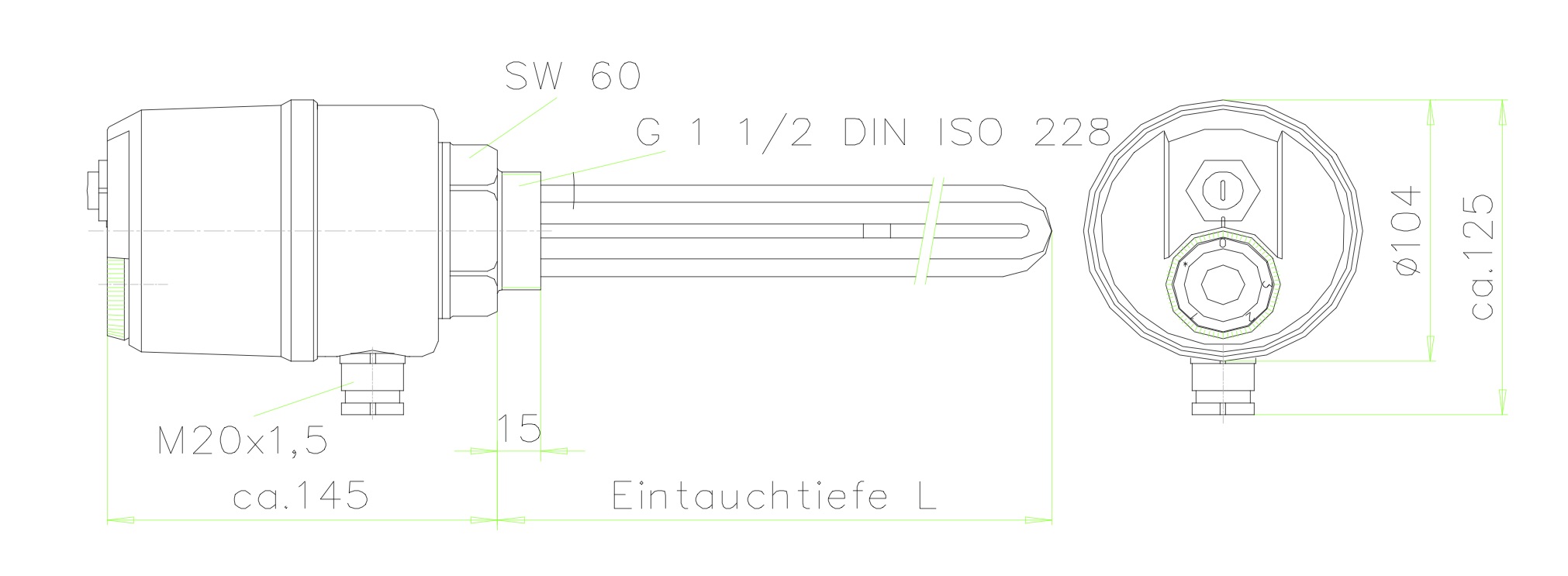 Elektroheizstab 9.0 KW - 660mm Einbaulänge DN32 (1 1/4") Einschraubheizkörper