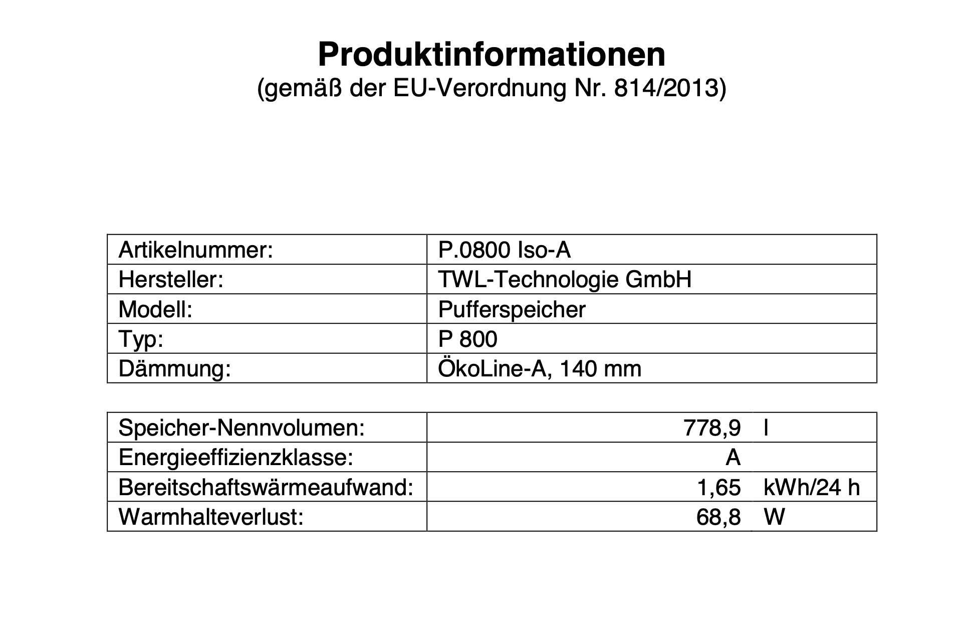 TWL Pufferspeicher P 800 Liter - ÖkoLine-A Isolierung