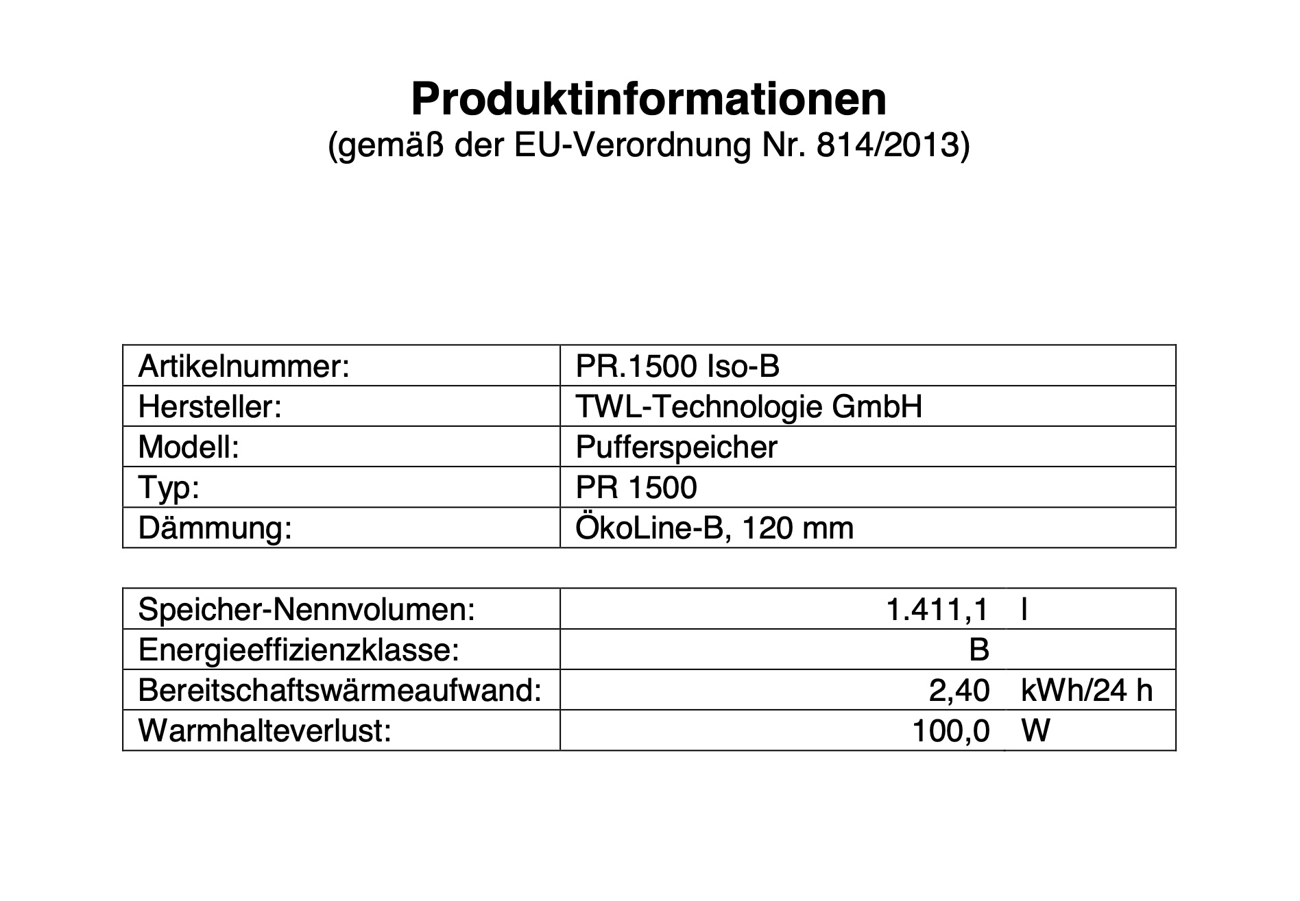 TWL Pufferspeicher PR 1500 Liter - ÖkoLine-B Isolierung
