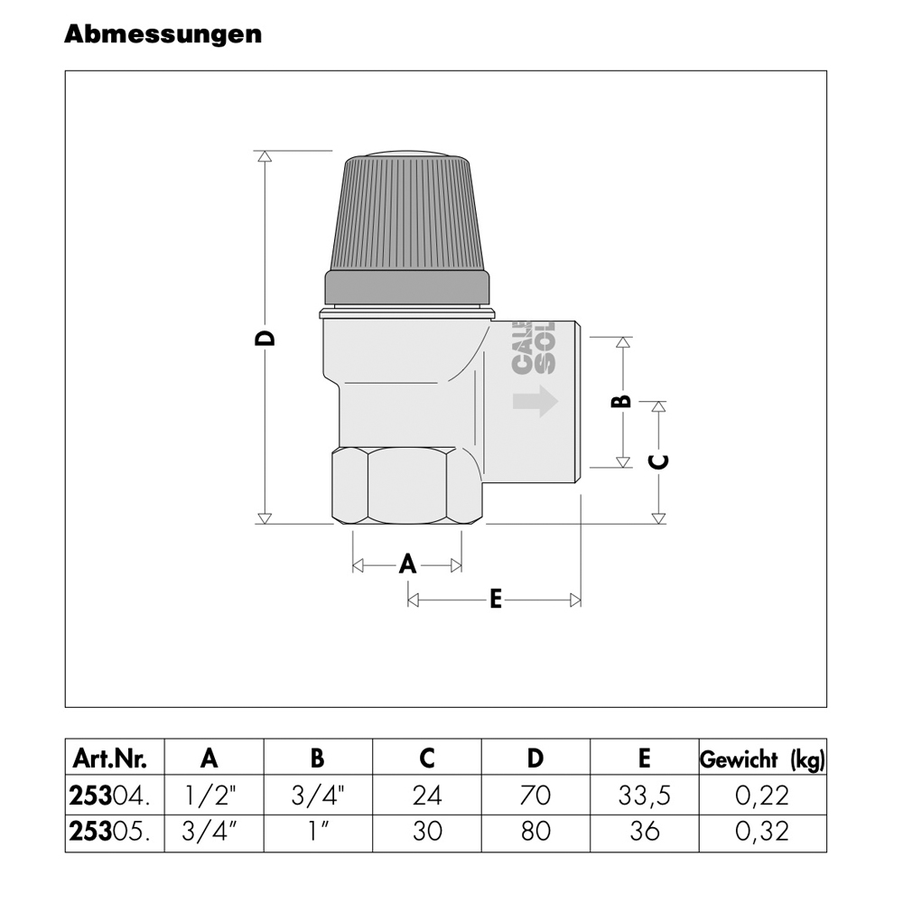 Caleffi Solar Membran Sicherheitsventil 3 bar bis 10 bar 1/2“ x 3/4“ Überdruckventil