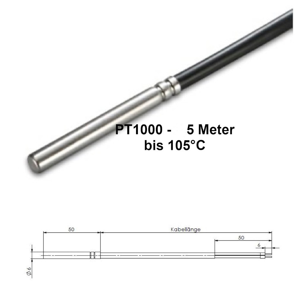 PT1000 Temperaturfühler 105° Speicherfühler Kollektorfühler Solarfühler 5,0 Meter